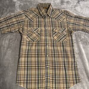 VTG Holt Tan Brown Teal Striped Button Down Shirt Mens Sz L Pearl Snap Western